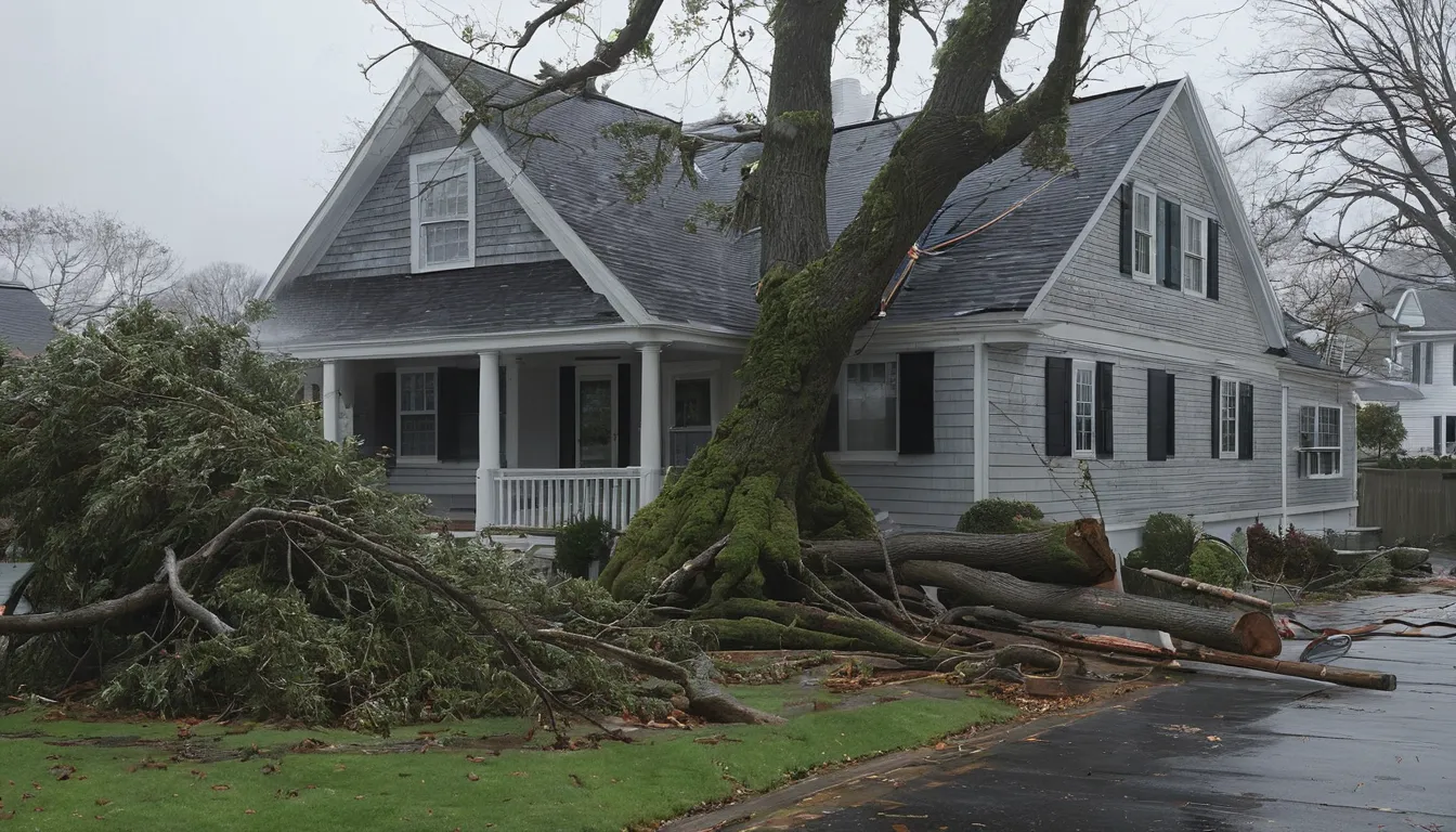 Provider crew securing a storm-damaged tree beside a house in Downingtown