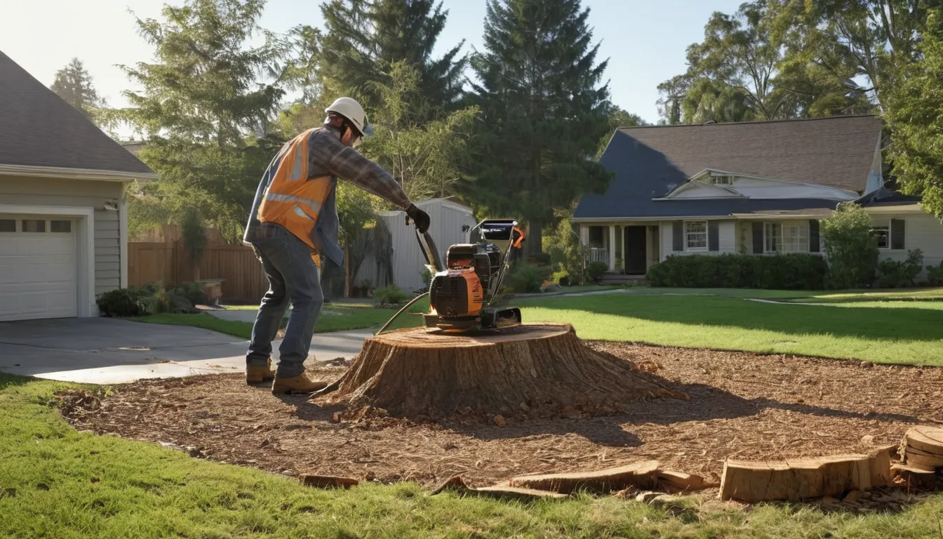 Stump grinder working on a tree stump in a backyard in Downingtown