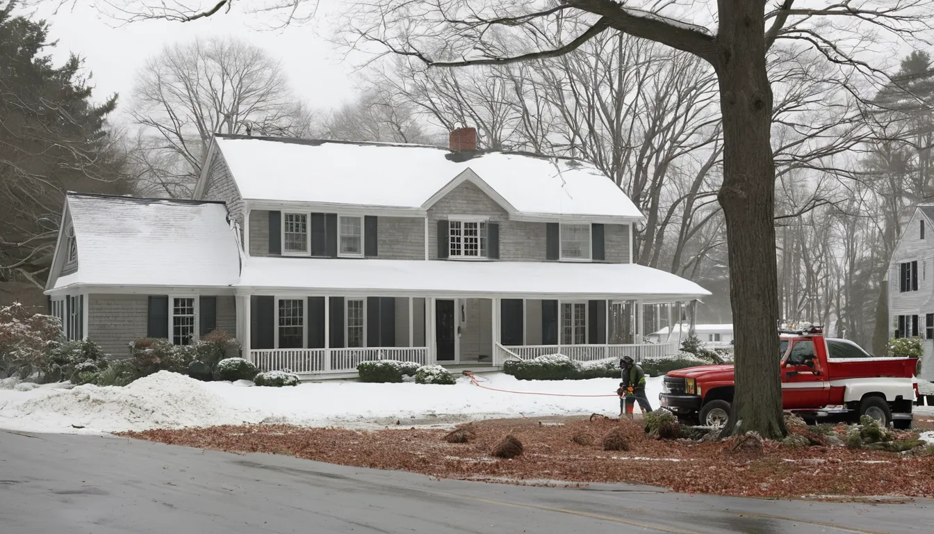 Tree removal crew lowering a large limb in a residential yard in Downingtown